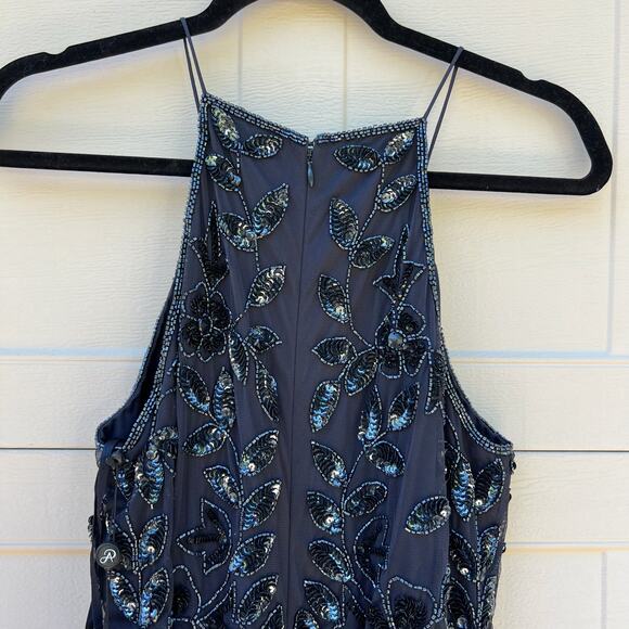 NWT Adrianna Papell Navy Twilight Floral Beaded Halter Floor Length Dress Sz 10 - Picture 8 of 13
